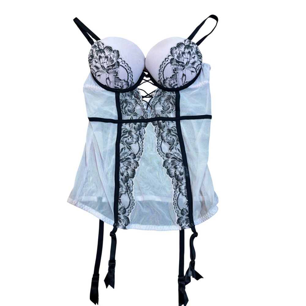 La senza pink black lace padded bustier corset top underwire garter straps 34b